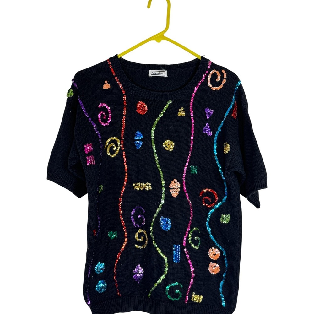 Christina Black Short Sleeve Sequin Embellished‎ Knit Top Sweater Vintage Size M